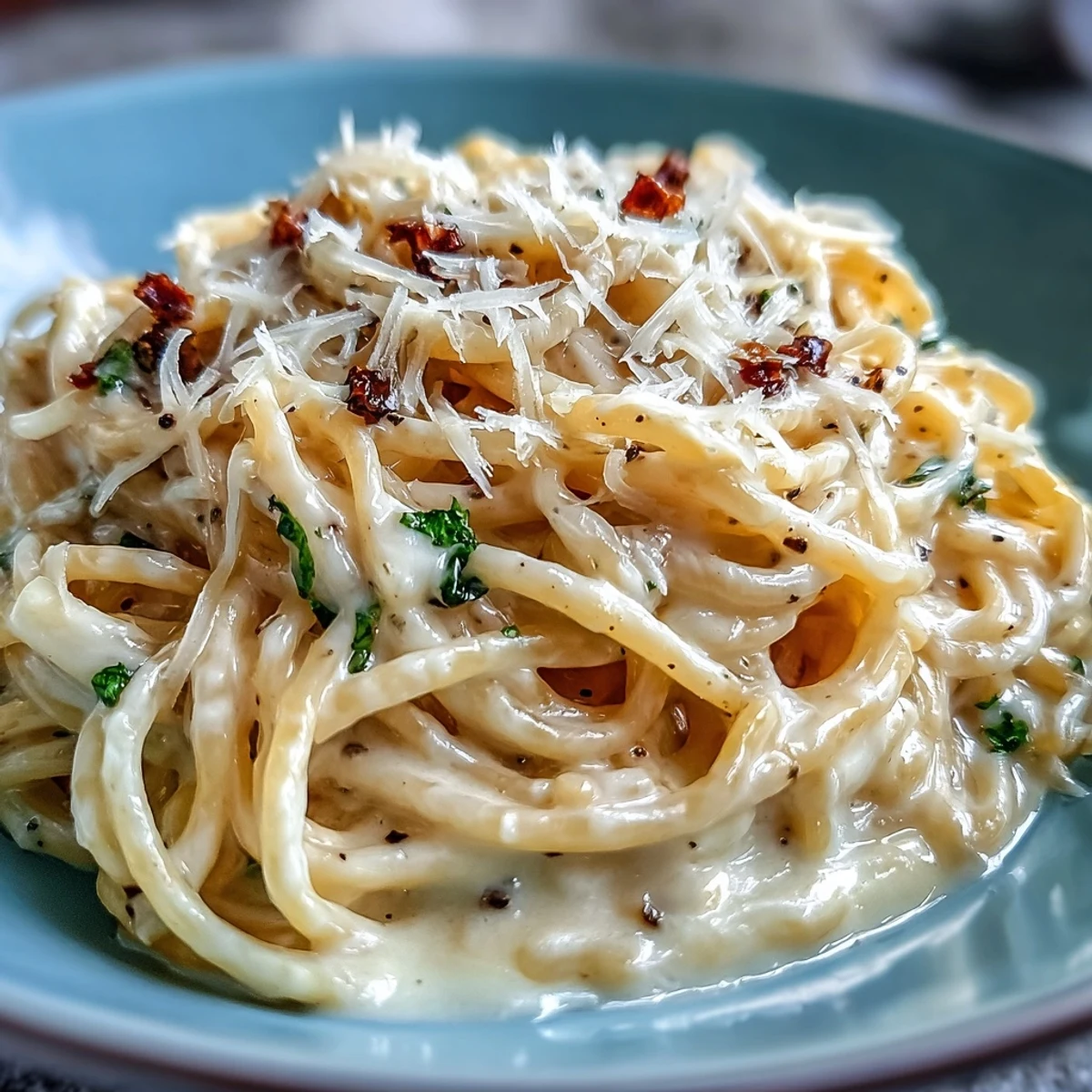 Creamy spaghetti cacio e pepe tossed with finely grated Pecorino Romano and freshly cracked black pepper in a skillet.  