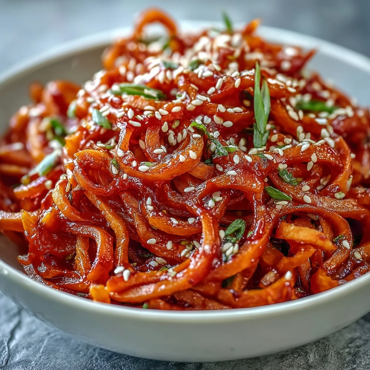 Roasted swede ribbons and rice noodles coated in a spicy gochujang dressing.