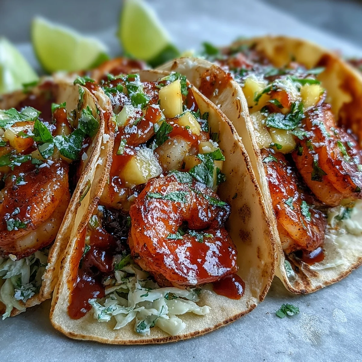 Warm corn tortillas filled with succulent Sriracha Shrimp Tacos with Mango Salsa, topped with vibrant red cabbage and fresh cilantro.