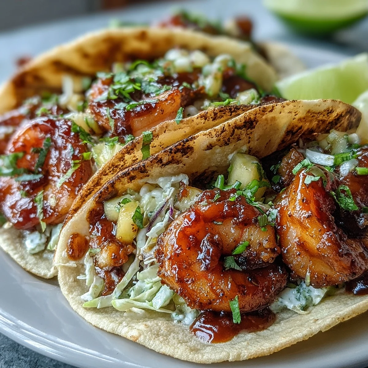 Freshly assembled Sriracha Shrimp Tacos with Mango Salsa on a wooden board, garnished with lime wedges and a drizzle of spicy sauce.