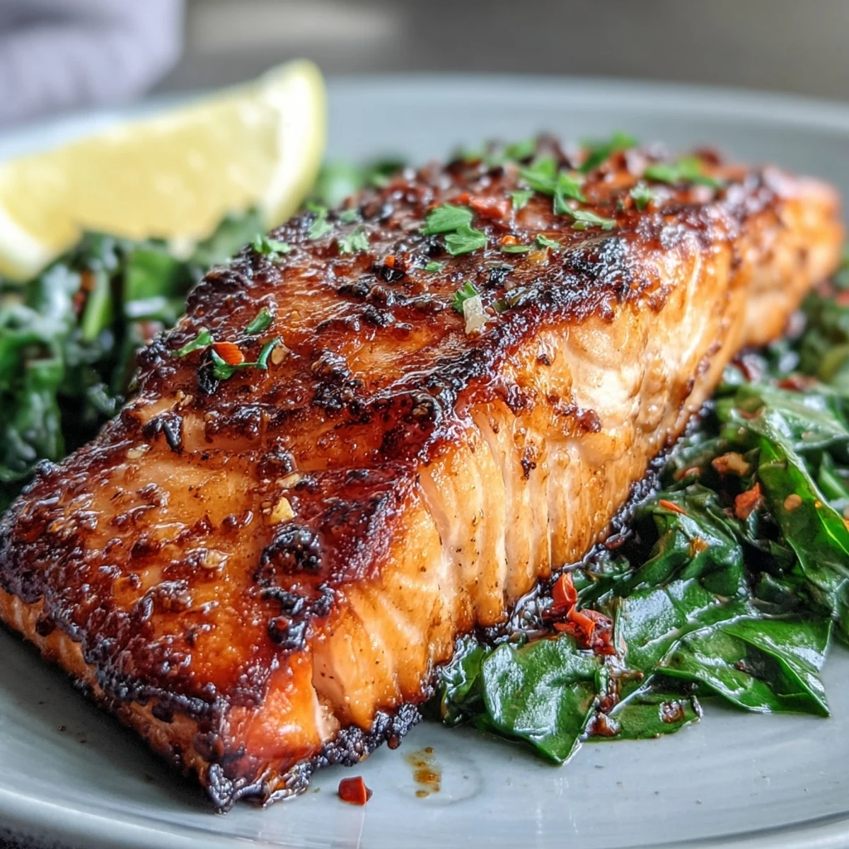 Flaky, moist air fryer salmon topped with crisp skin, alongside tender sautéed Swiss chard with minced garlic for a healthy dinner.