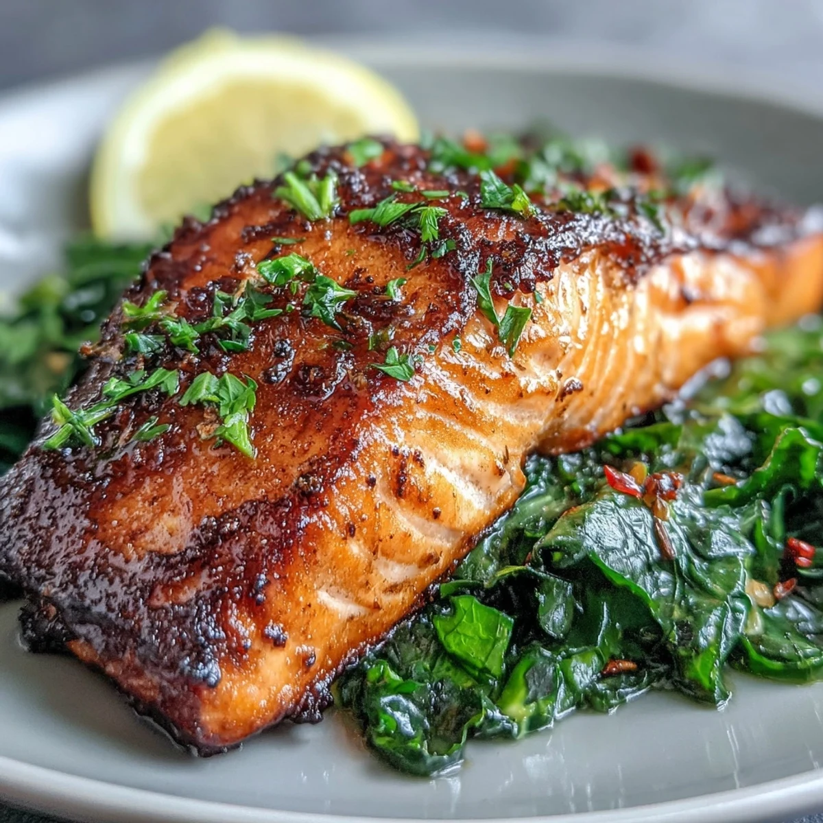 Golden-brown, crispy-skin air fryer salmon fillets resting on a bed of garlicky Swiss chard, served with fresh lemon wedges.