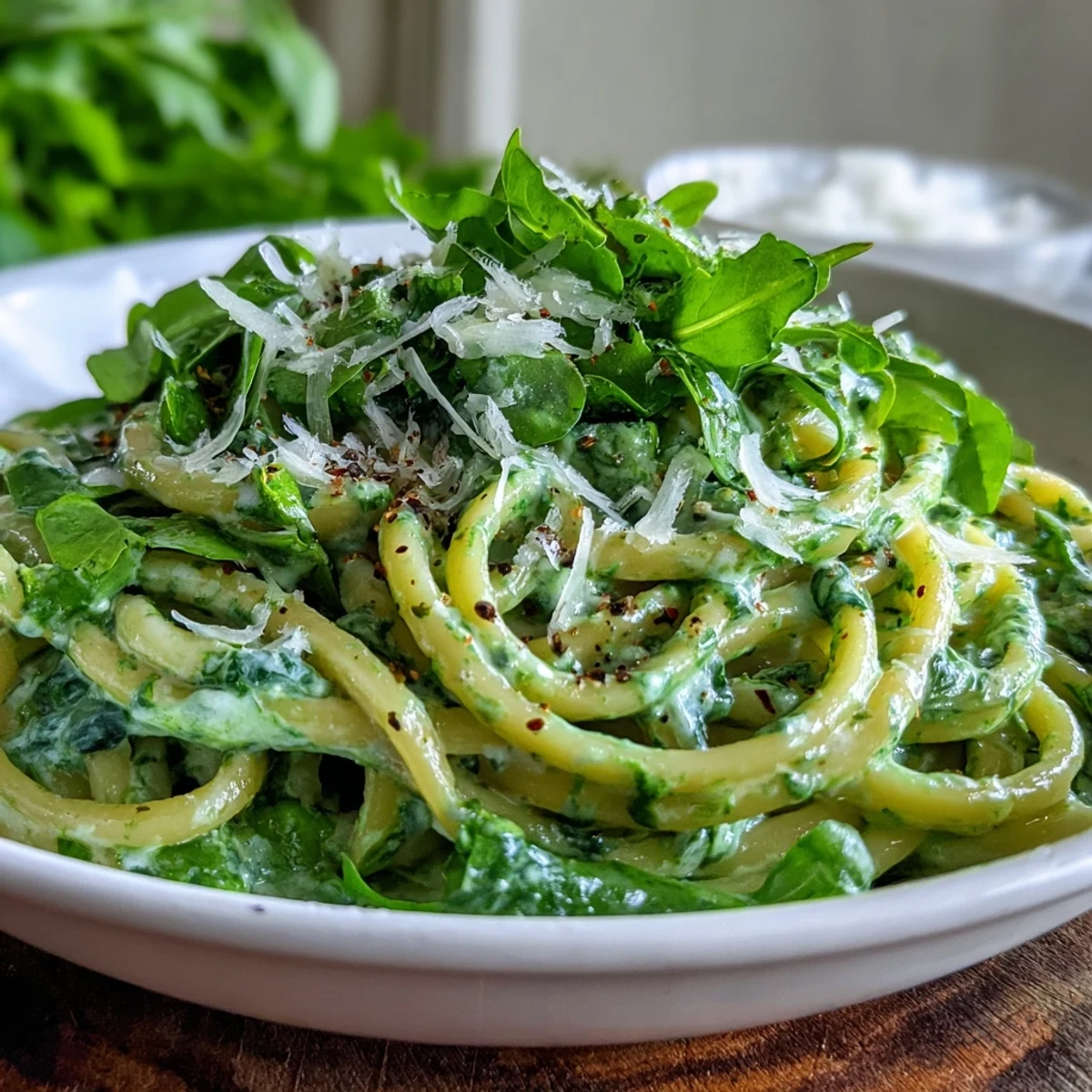 Freshly tossed linguine with arugula pesto served warm, garnished with extra arugula and Parmesan cheese.