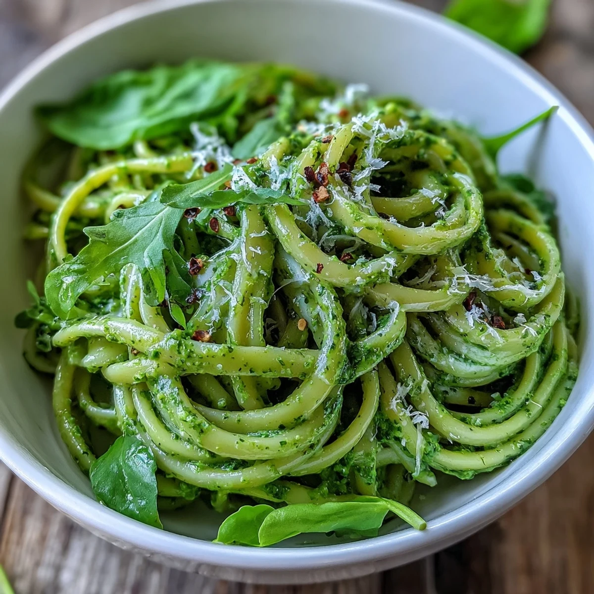 Creamy linguine with arugula pesto coated in a vibrant green sauce, ready to enjoy for dinner.