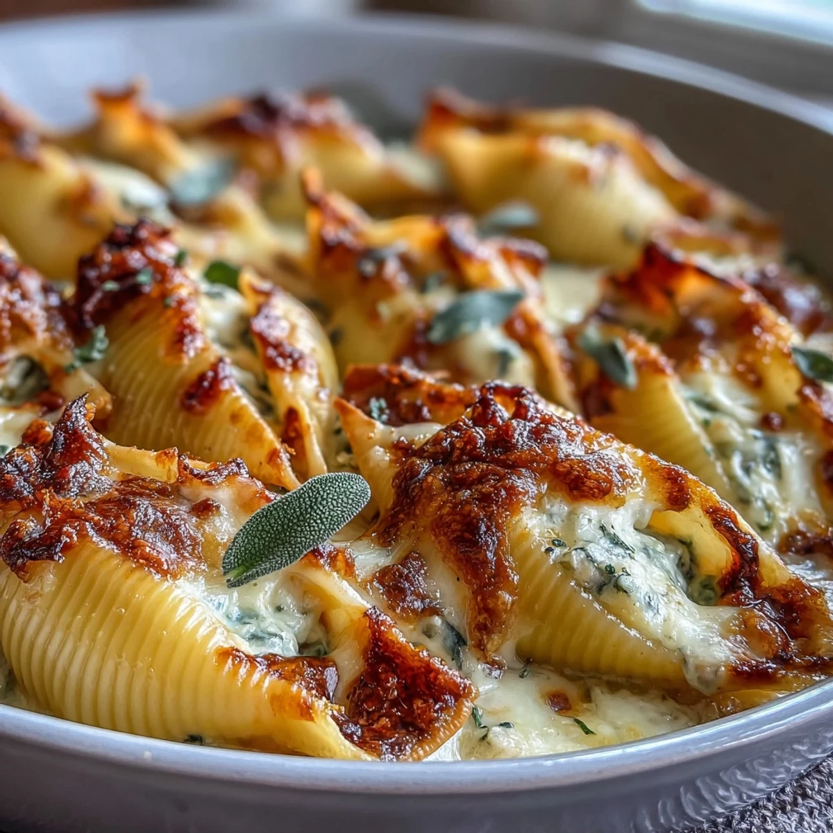 Creamy Pumpkin & Gouda Stuffed Shells served in a white baking dish with brown butter Alfredo.