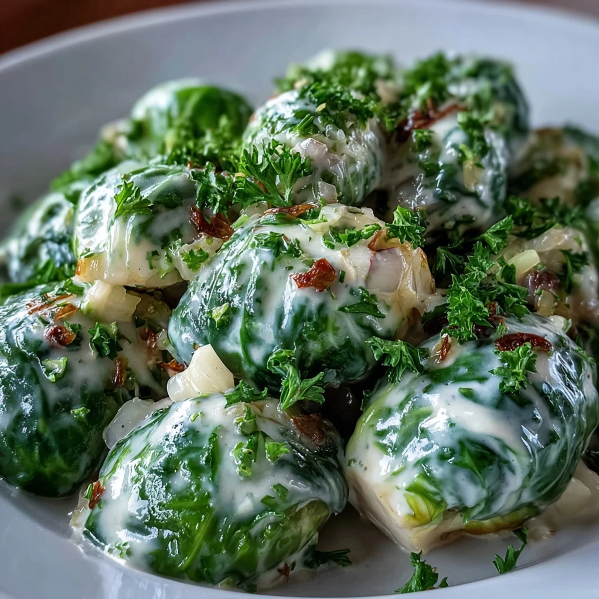 Sizzling Brussels sprouts in a luscious cream cheese-mustard sauce with garlic and onion, ready to serve alongside roasted chicken or steak.