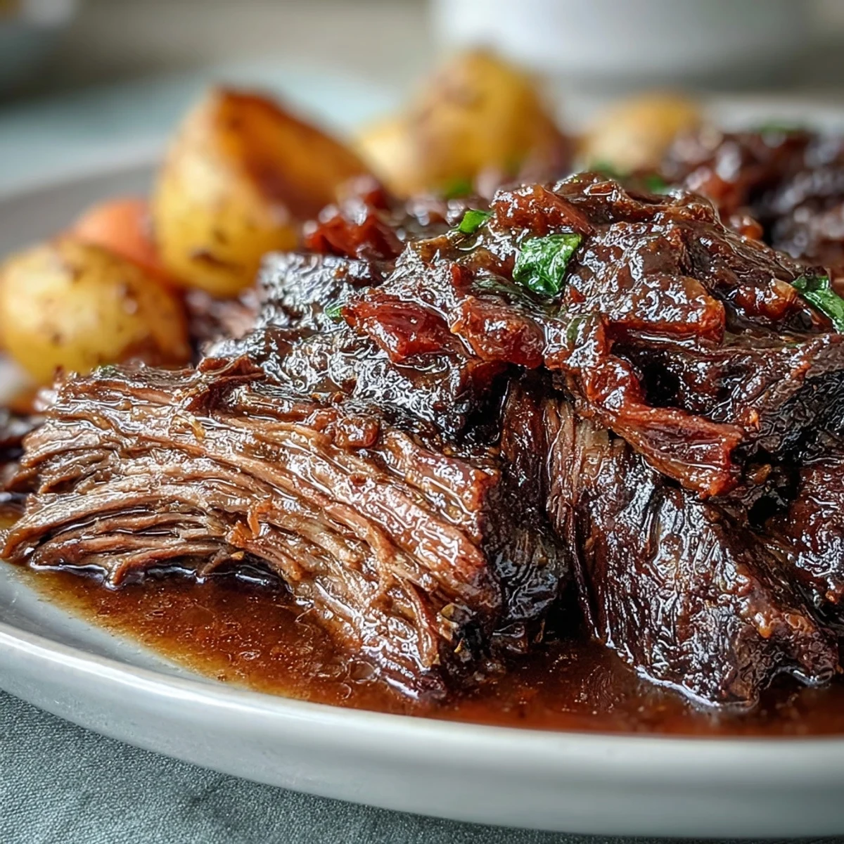 Golden-brown seared Beef Pot Roast with celery and onions, slow-braised to perfection and served steaming hot in a rustic Dutch oven.