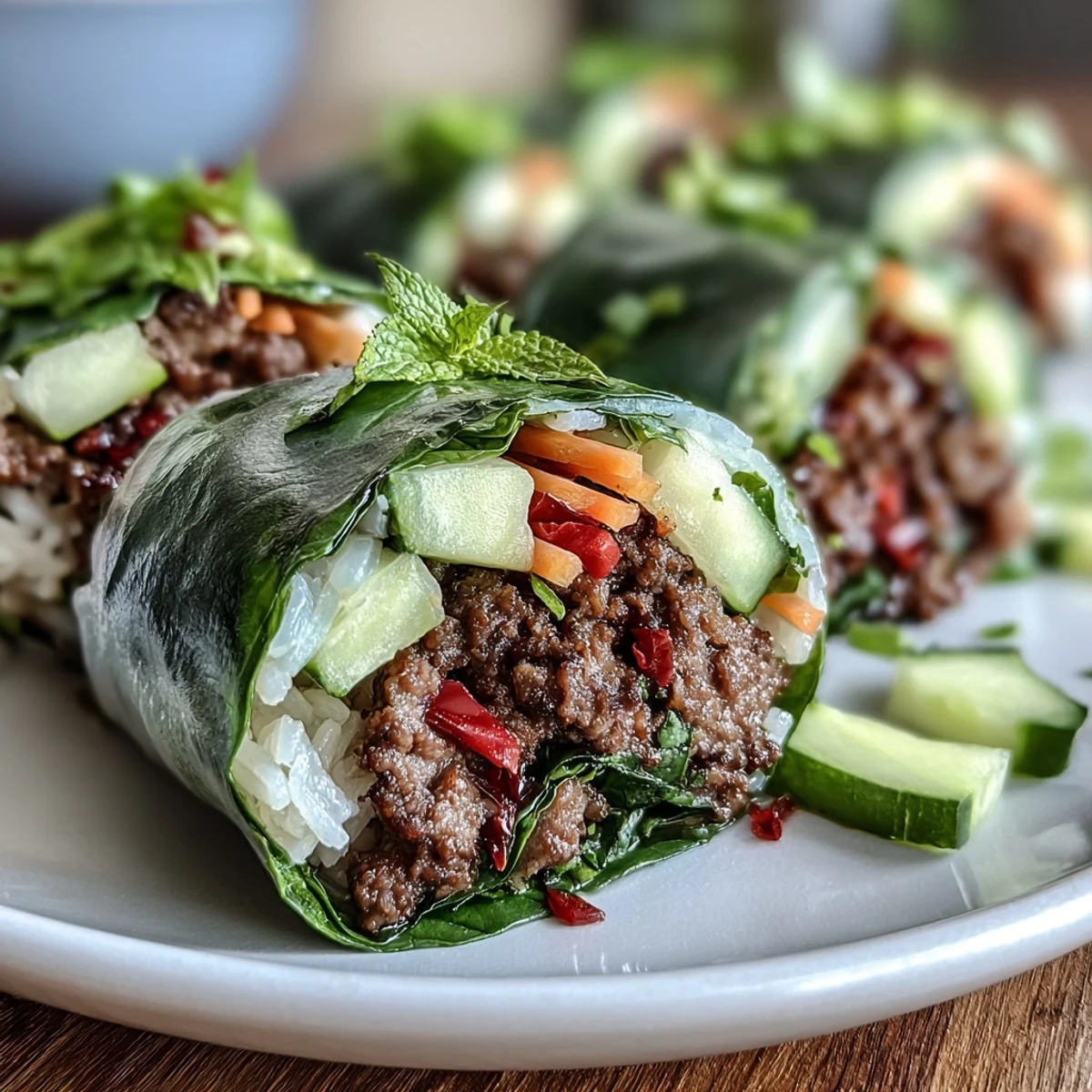Fresh Thai Basil Beef Rolls filled with savory ground beef, crisp cucumbers, and carrots, ready to dip.