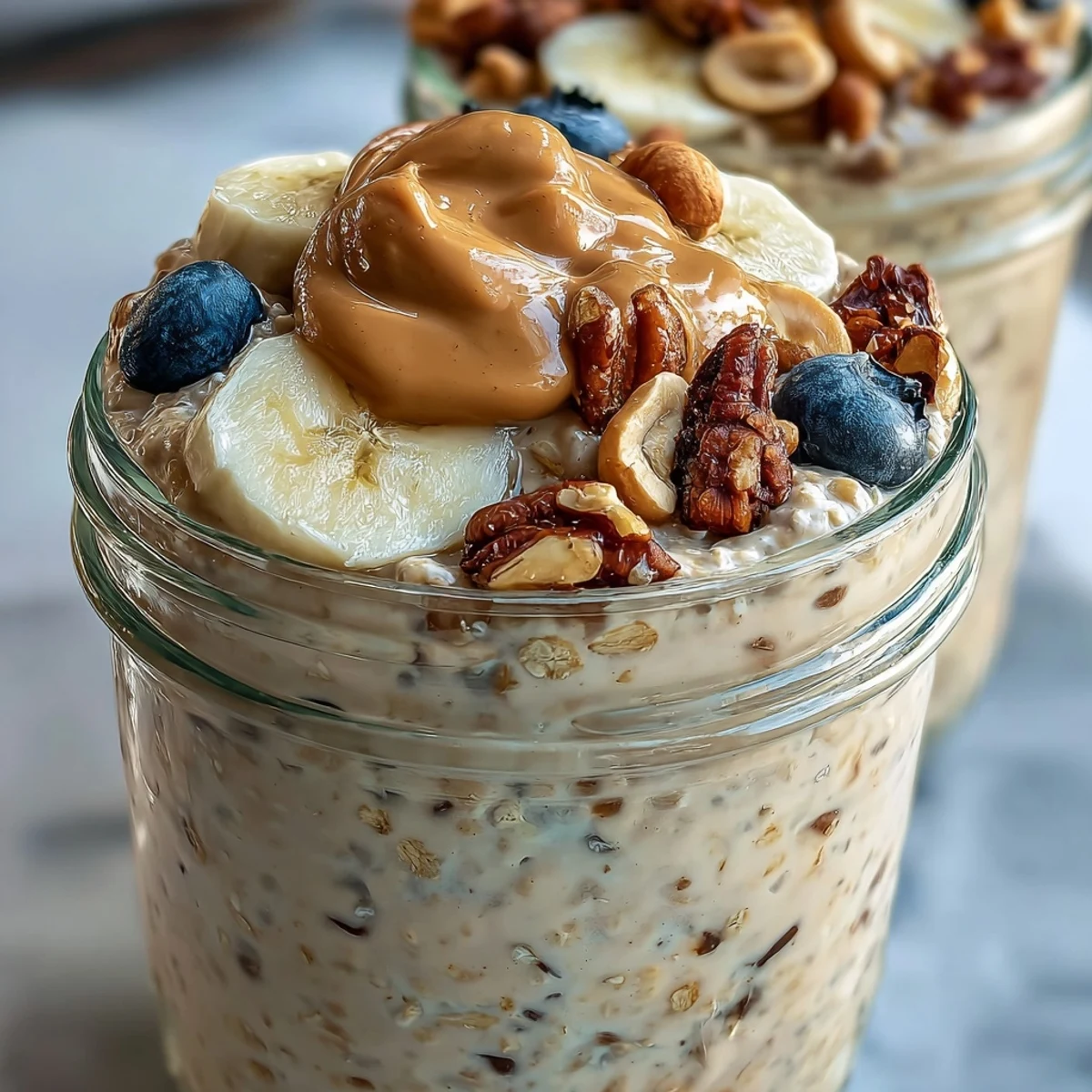 Creamy peanut butter overnight oats topped with sliced banana and chopped peanuts in a clear jar.