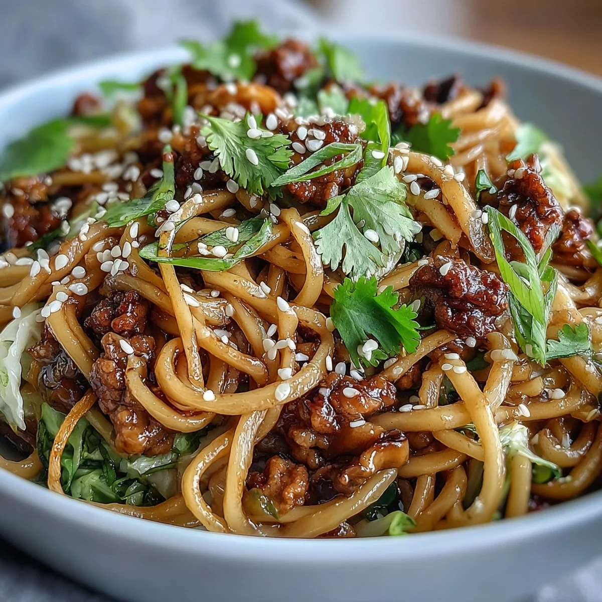 Soy-scented steam rises from a vibrant bowl of Potsticker Noodle Bowls, piled high with noodles and browned pork. 