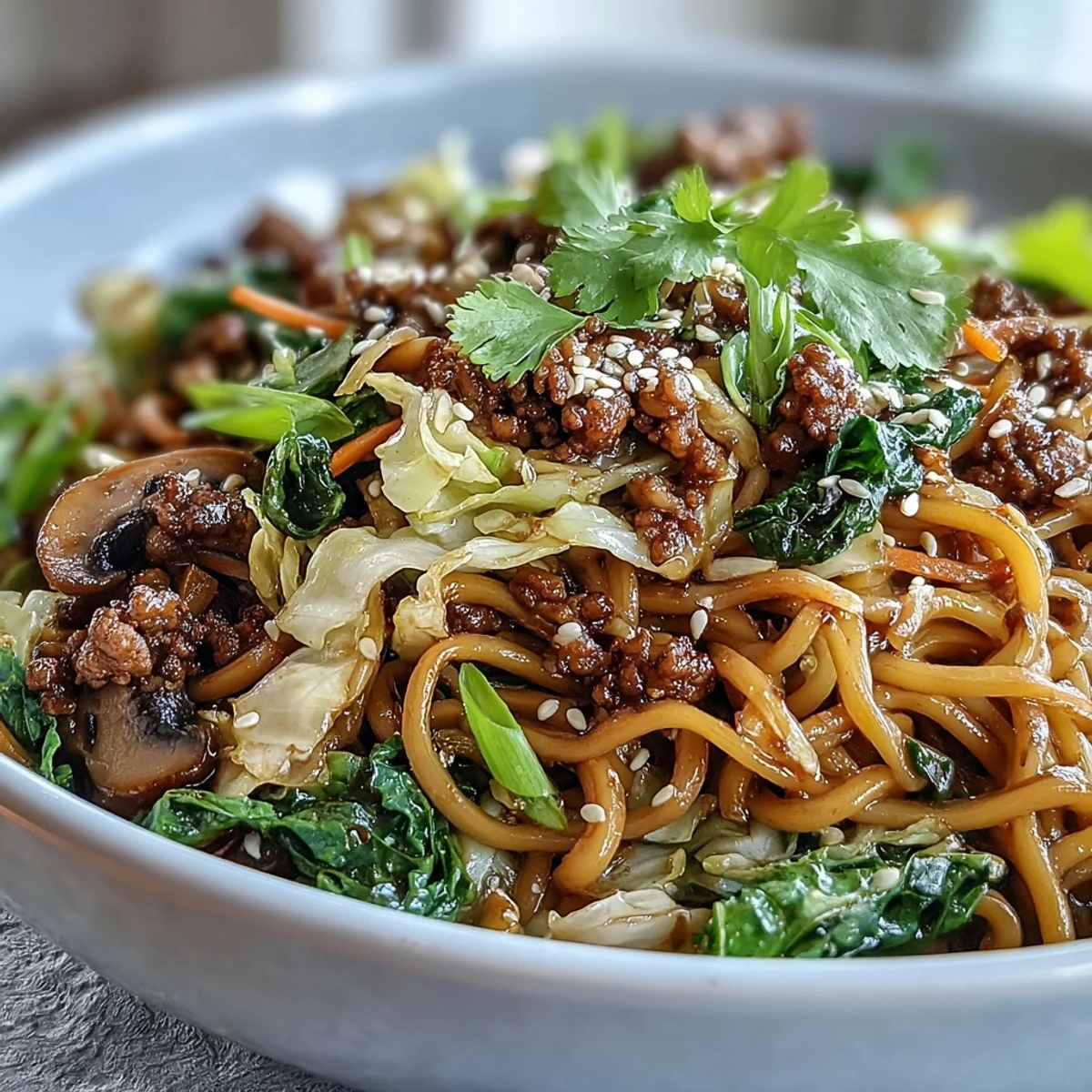Savory Potsticker Noodle Bowls feature glossy noodles, sautéed pork, crisp cabbage, and fresh herbs, served with lime and sesame seeds. 