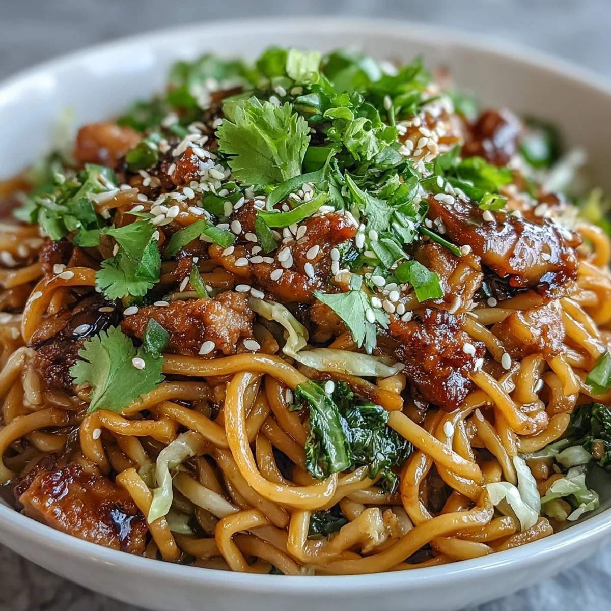 Chopsticks lift tangled noodles from a deep bowl of Potsticker Noodle Bowls, revealing a bed of pork and bright vegetables.