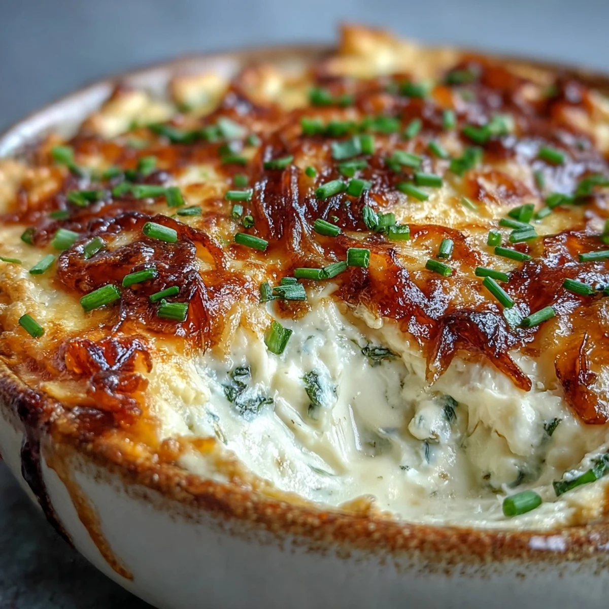 Warm, bubbly Smoked Gouda & Onion Dip topped with fresh chives, served with tortilla chips for dipping.