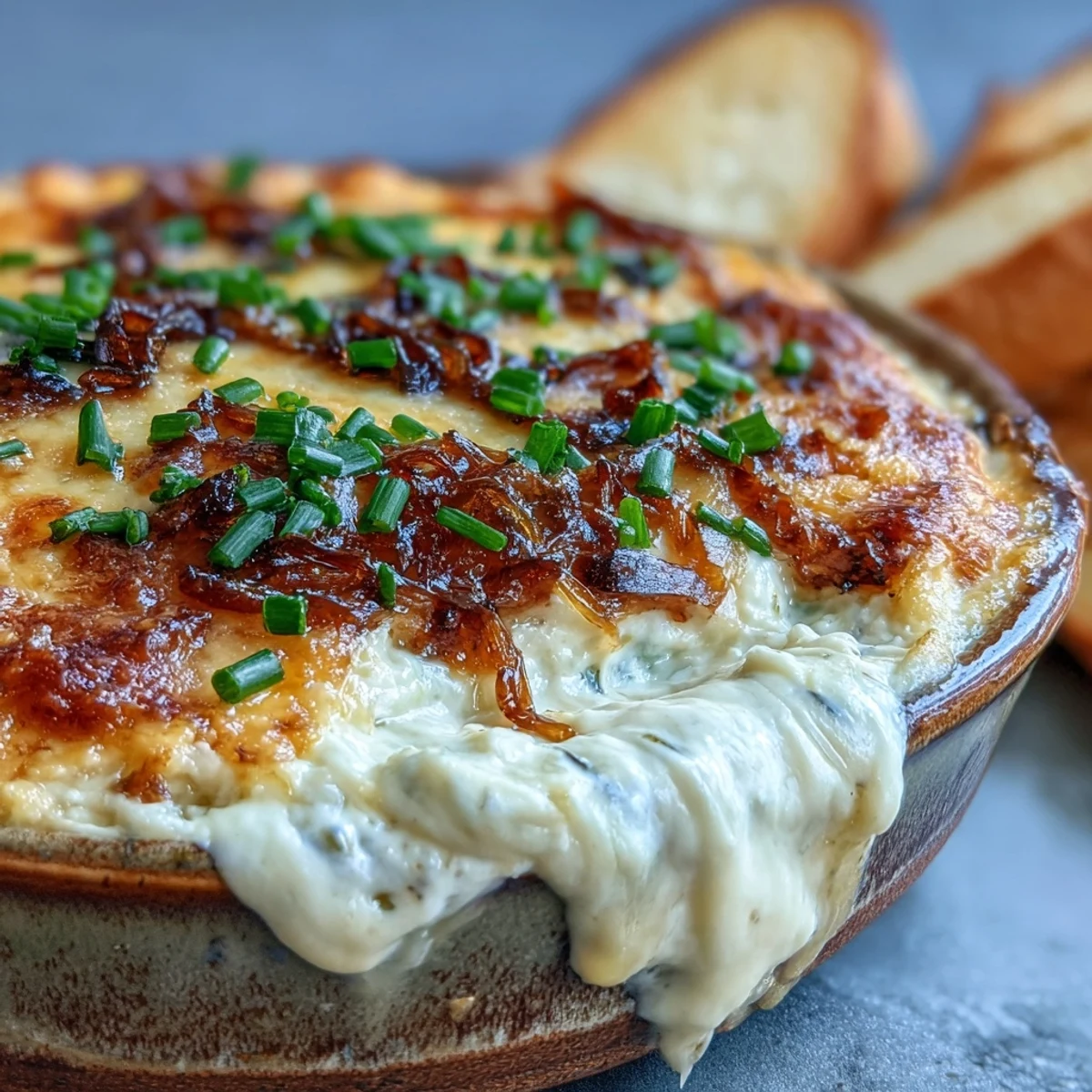 Creamy Smoked Gouda & Onion Dip in a baking dish, paired with crisp fresh vegetables for a flavorful appetizer.