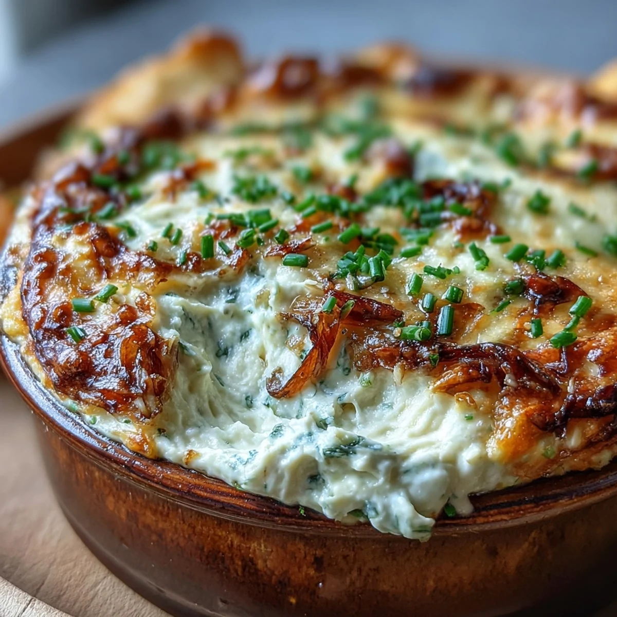 Golden-brown Smoked Gouda & Onion Dip baked in a skillet, garnished with herbs and ready for a party.