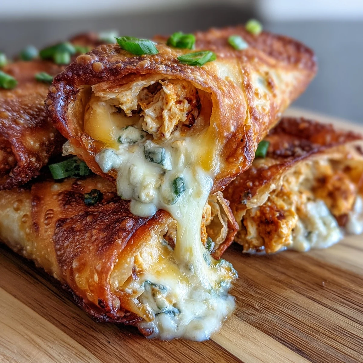 Golden, crunchy Buffalo Chicken Dip Egg Rolls rest beside a small bowl of ranch dipping sauce.