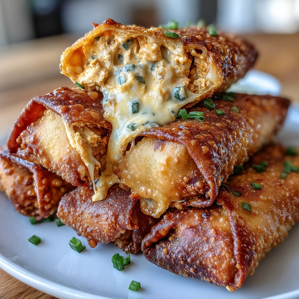 These crispy Buffalo Chicken Dip Egg Rolls feature melted cheddar and fresh green onions inside.