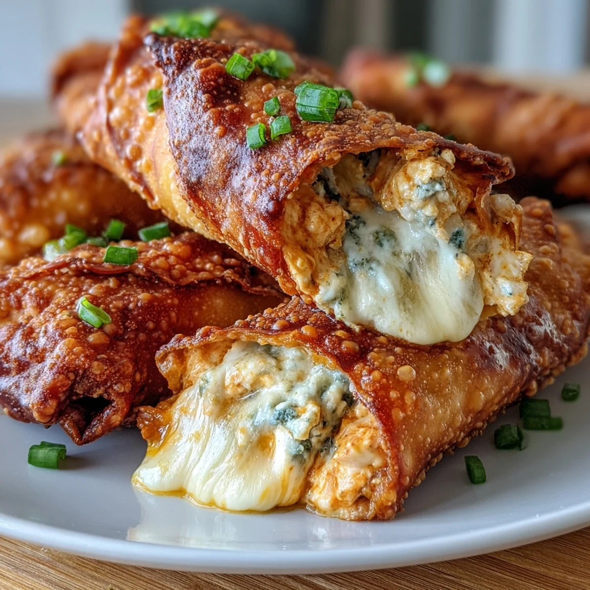 Buffalo Chicken Dip Egg rolls served with celery sticks, blue cheese dressing, and extra hot sauce.