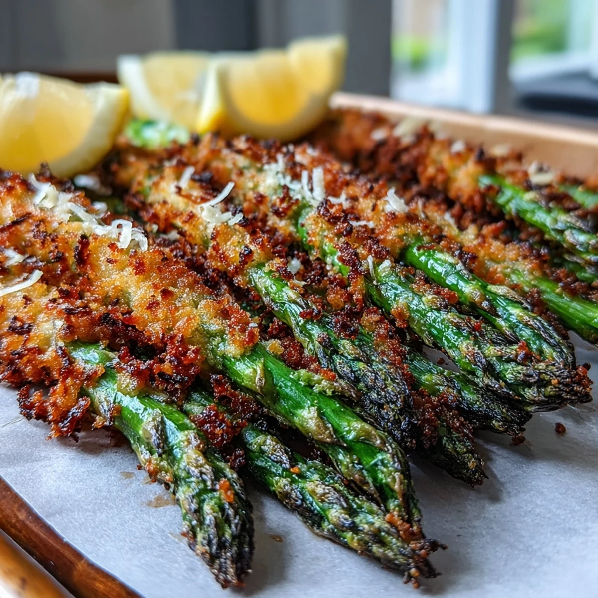 Golden, crispy panko-Asiago coated Crispy Asparagus Asiago Spears baked with garlic and smoked paprika.