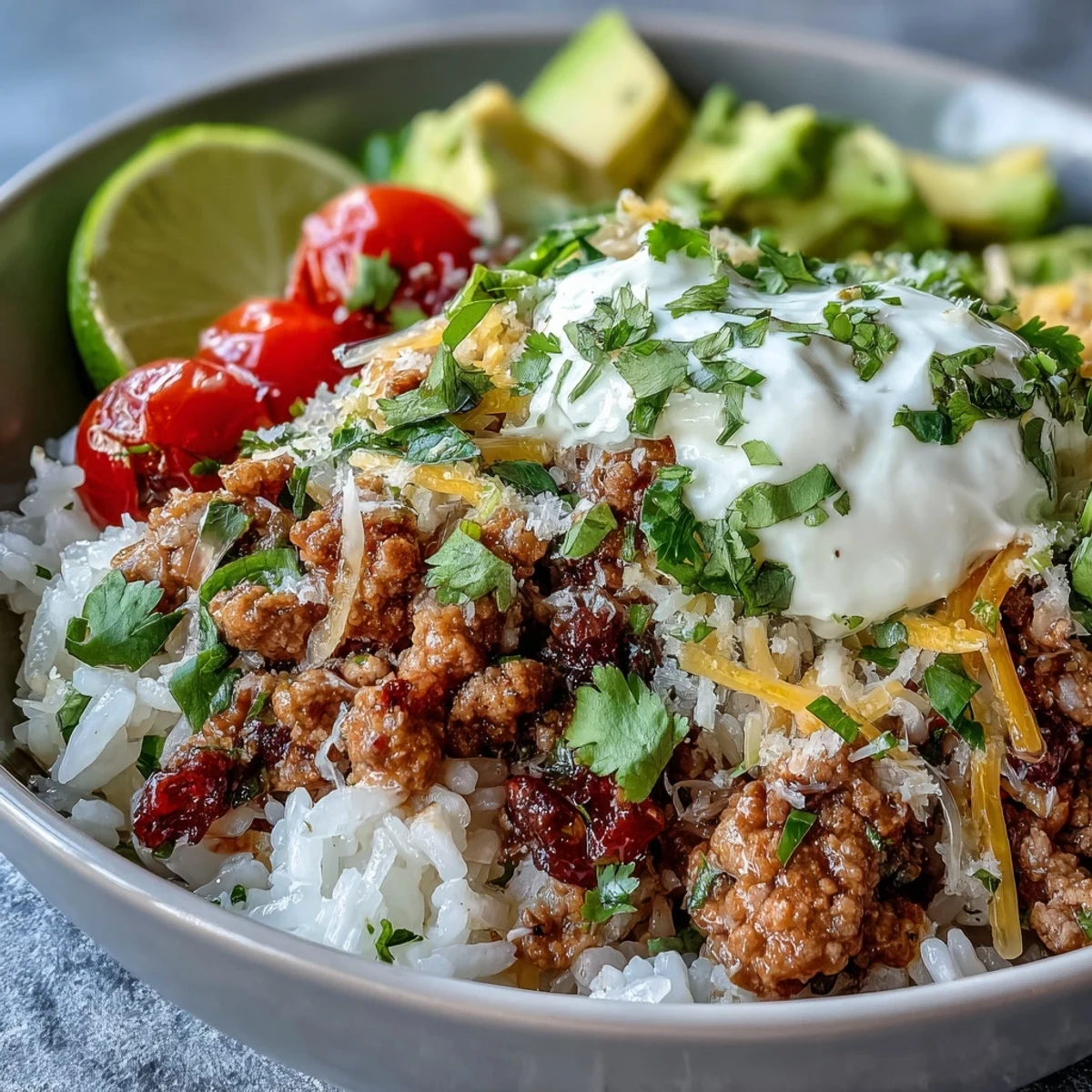 Seasoned ground turkey and colorful toppings fill this Turkey Taco Bowl, served over fluffy white rice with lime wedges.