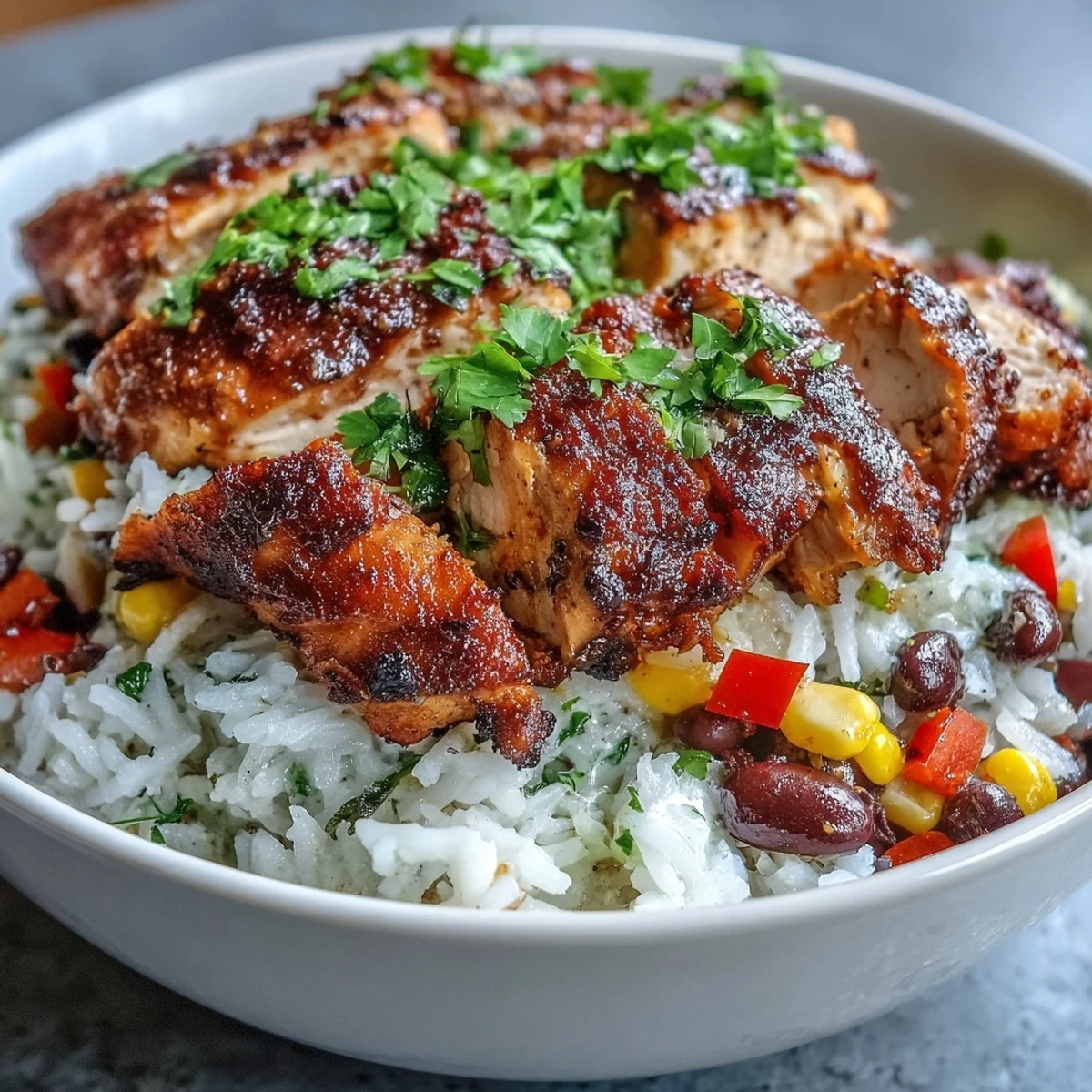 Bright bell peppers and Cajun-spiced chicken fill this hearty bowl, ready to serve with fresh cilantro and lime wedges.