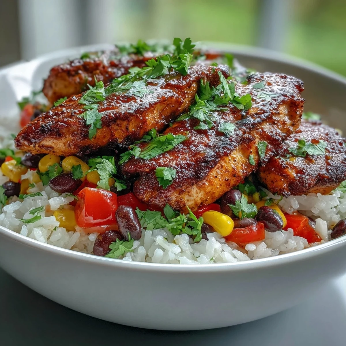 Close-up of a Cajun Chicken Bowl with juicy sliced chicken, colorful vegetables, and fluffy rice, perfect for a weeknight meal.