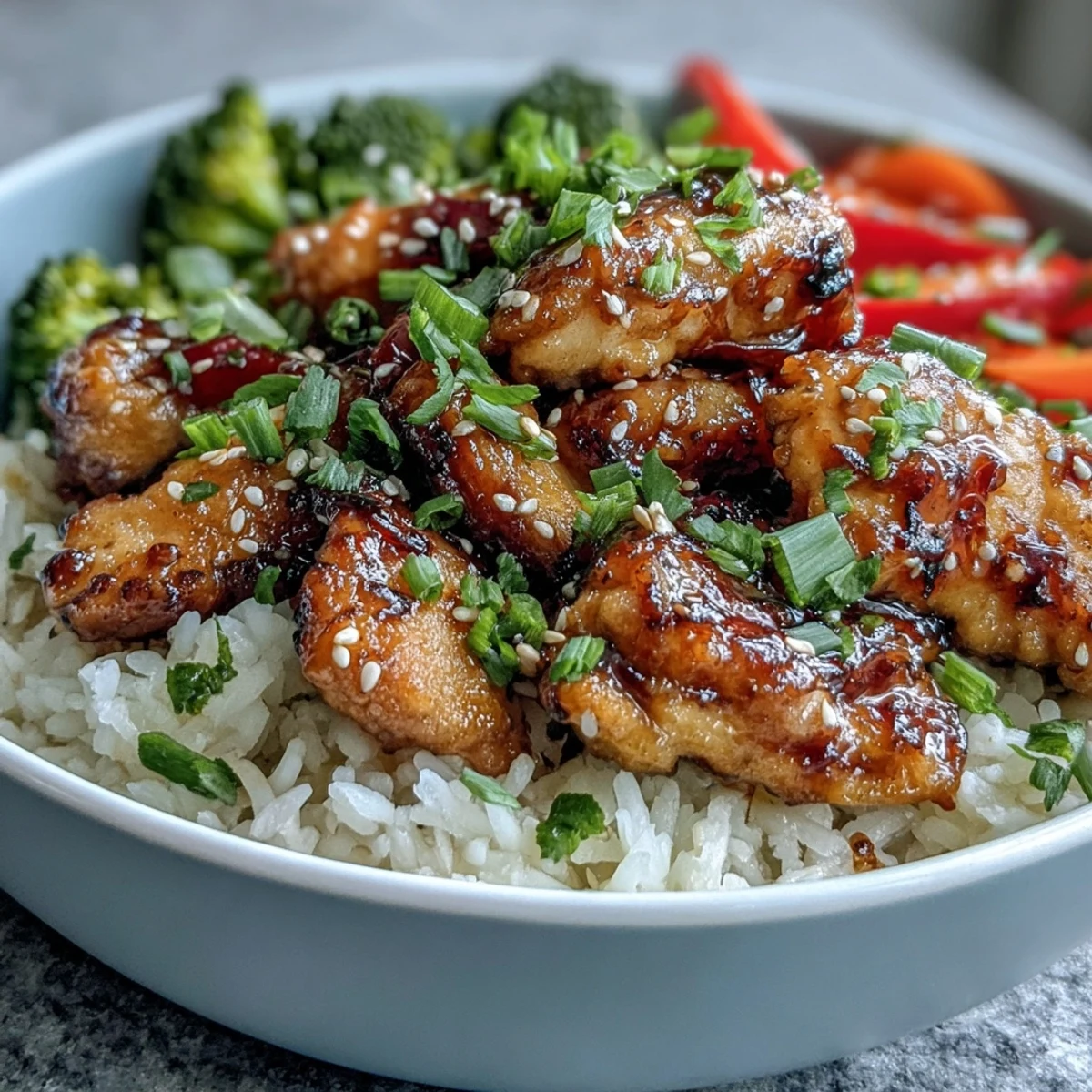 Golden glazed Honey Garlic Chicken Bowl with fluffy rice and bright, tender-crisp vegetables.