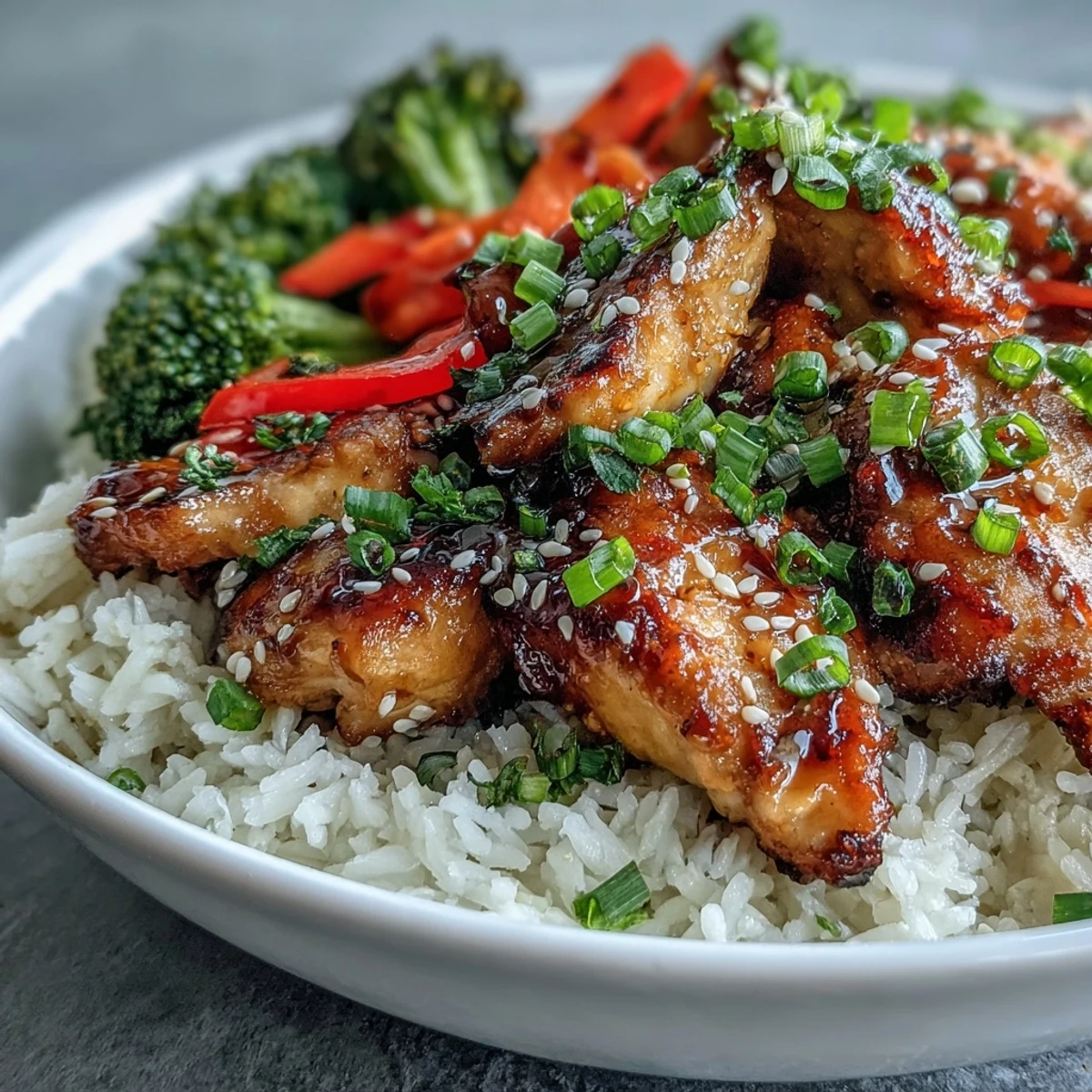 Steaming Honey Garlic Chicken Bowl topped with sesame seeds and fresh green onions.