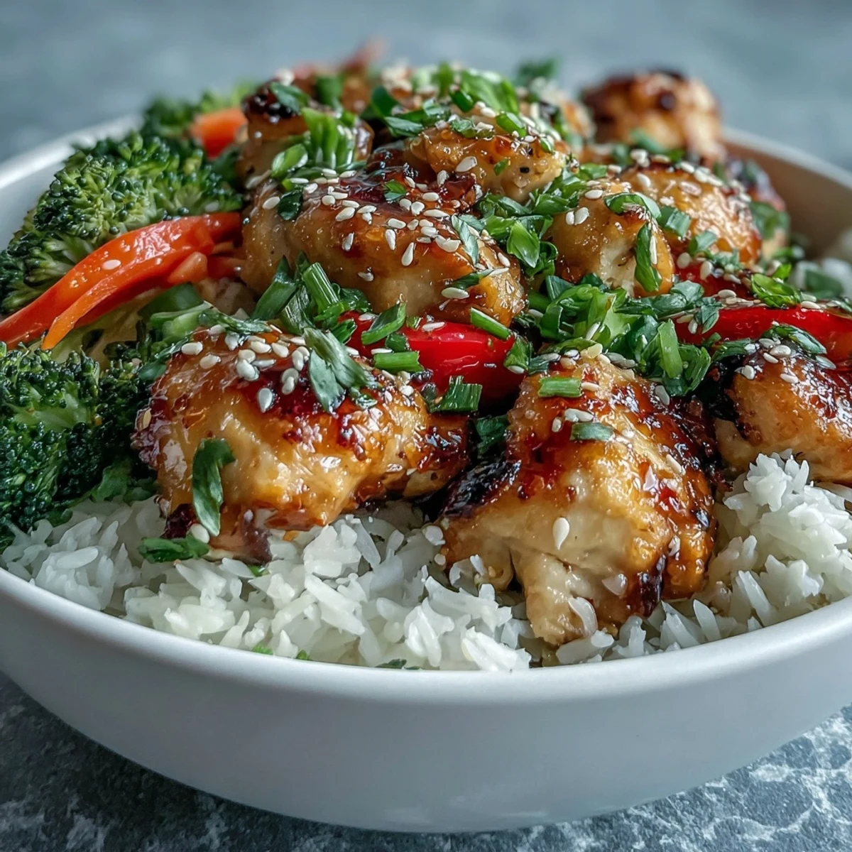 Family-style Honey Garlic Chicken Bowl with saucy chicken, rice, and colorful stir-fry veggies.