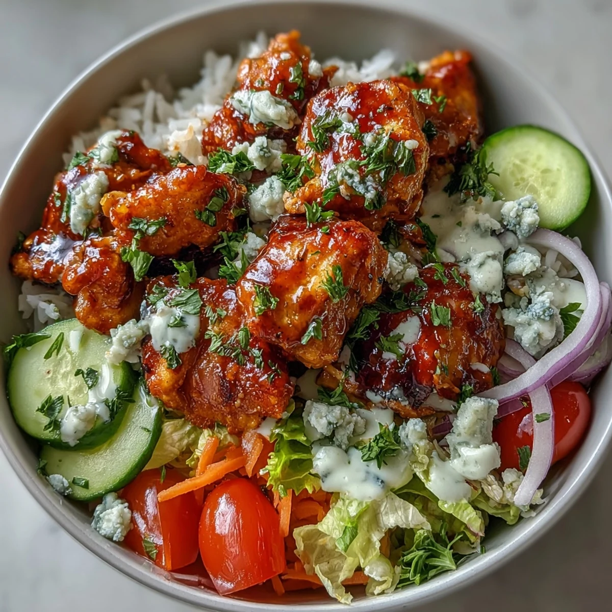 Golden-brown buffalo chicken pieces rest on a bed of white rice, crisp romaine, cherry tomatoes, and shredded carrots, all drizzled with creamy ranch dressing.