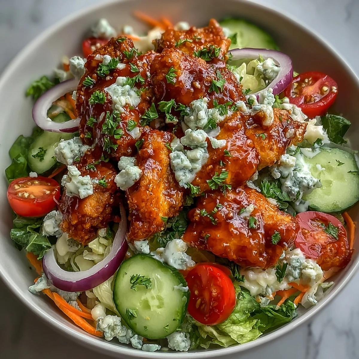 A close-up view of a spicy Buffalo Chicken Bowl topped with tangy blue cheese crumbles, sliced cucumbers, and a garnish of fresh parsley.