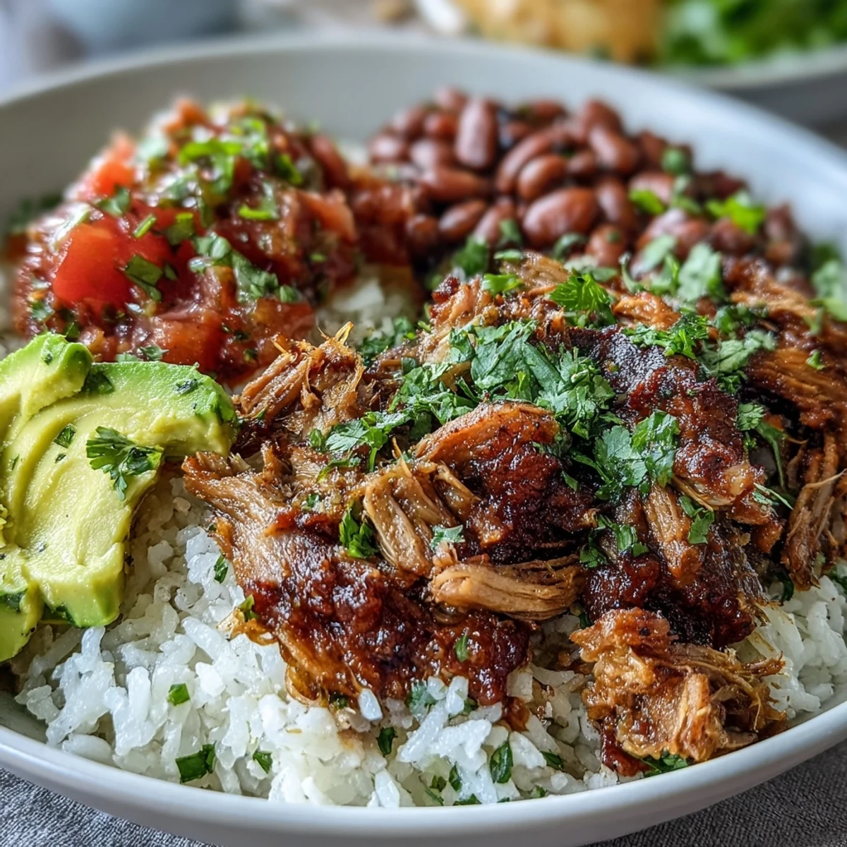 A close-up of a homemade Carnitas Bowl featuring slow-cooked pork, cilantro, and creamy avocado slices for a delicious finish.