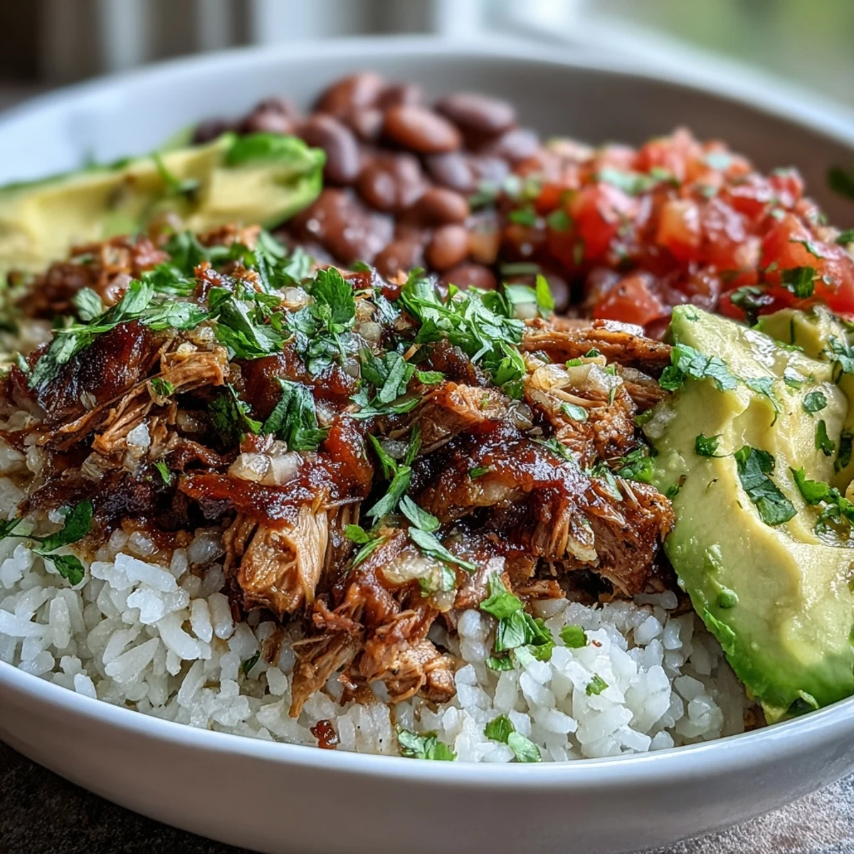 Serving suggestion for a Carnitas Bowl with lime wedges on the side, highlighting the gluten-free ingredients and rich textures.