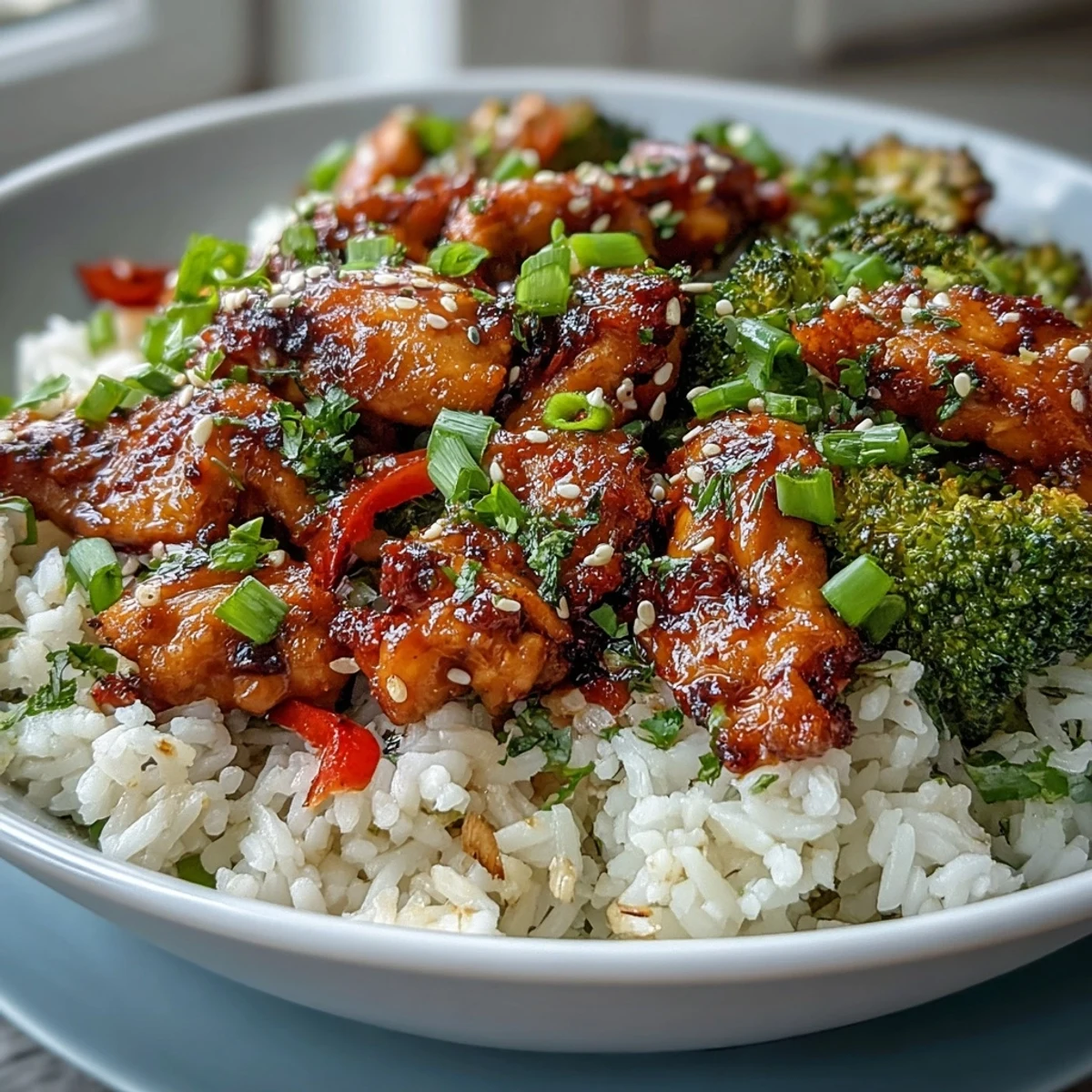 Golden-brown chicken, fluffy white rice, and crisp broccoli in a bowl, garnished with green onions and sesame seeds.