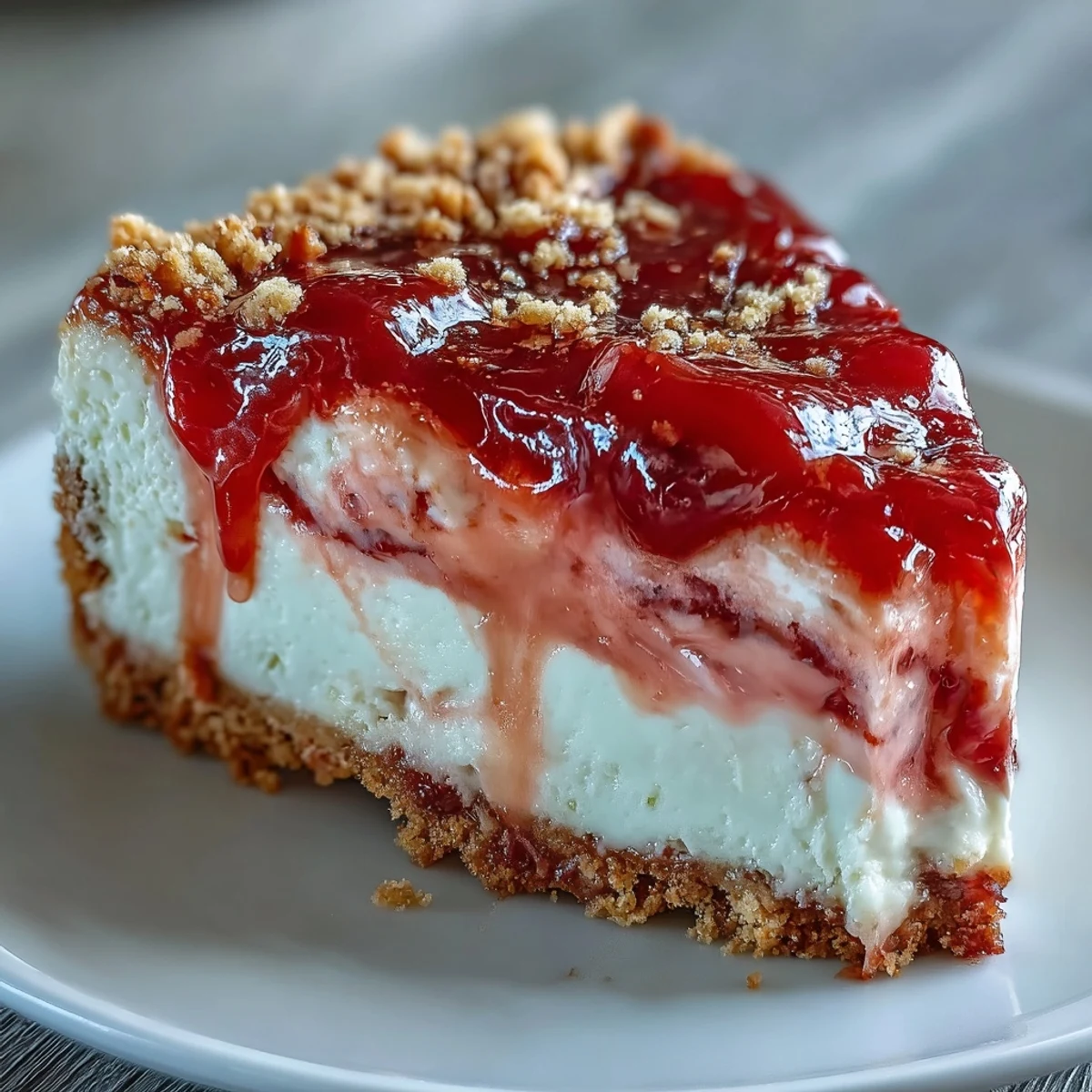 Close-up of Easy Guava Swirl Cheesecake showing luscious marbled layers of cream cheese filling and glossy guava marmalade swirl.