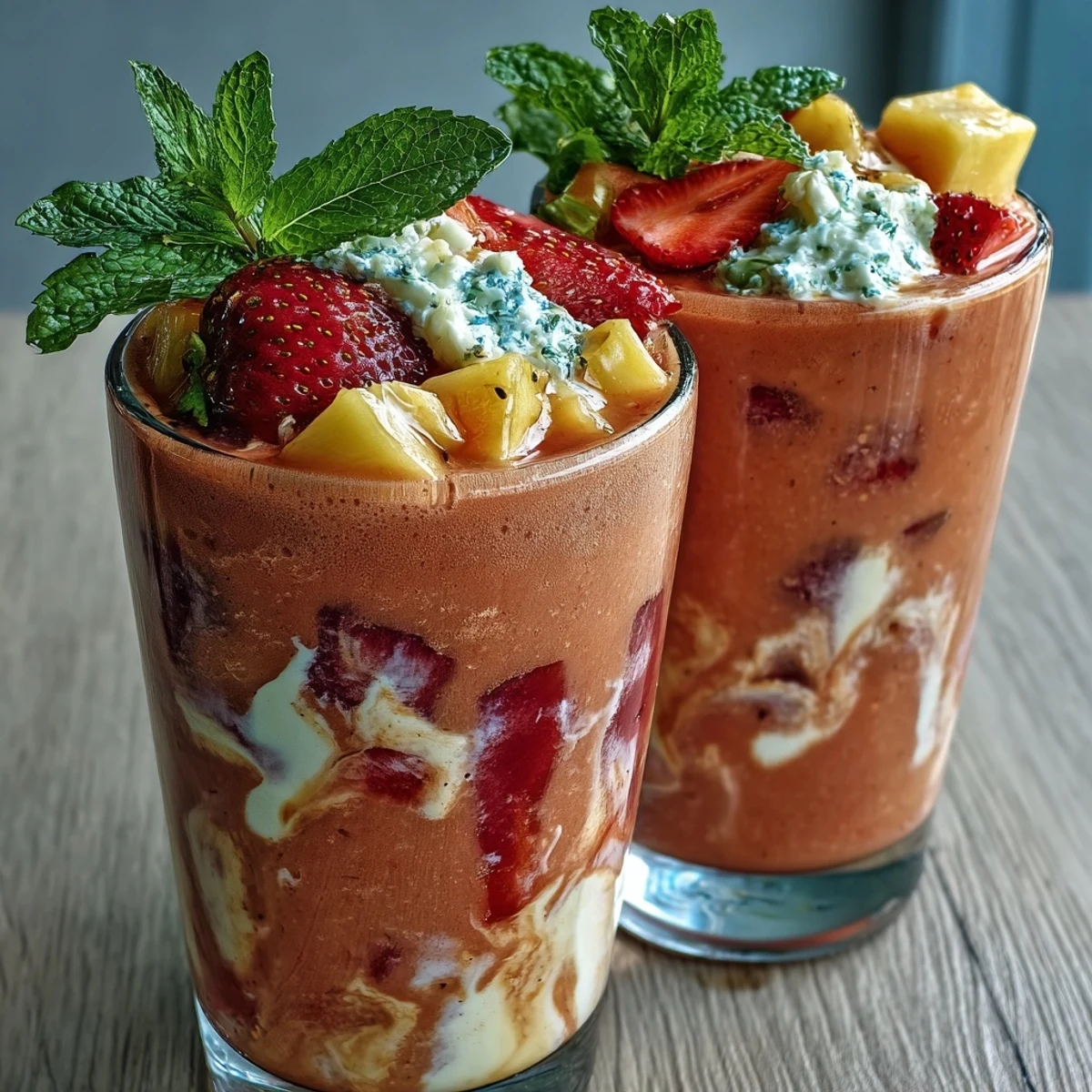 Two frosty glasses of Guava Juice Smoothie sitting on a wooden table next to sliced strawberries and honey.