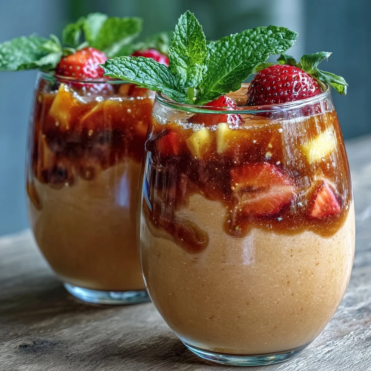 Overhead view of Guava Juice Smoothie in a blender pitcher, showing its thick, frosty texture and vibrant tropical color.