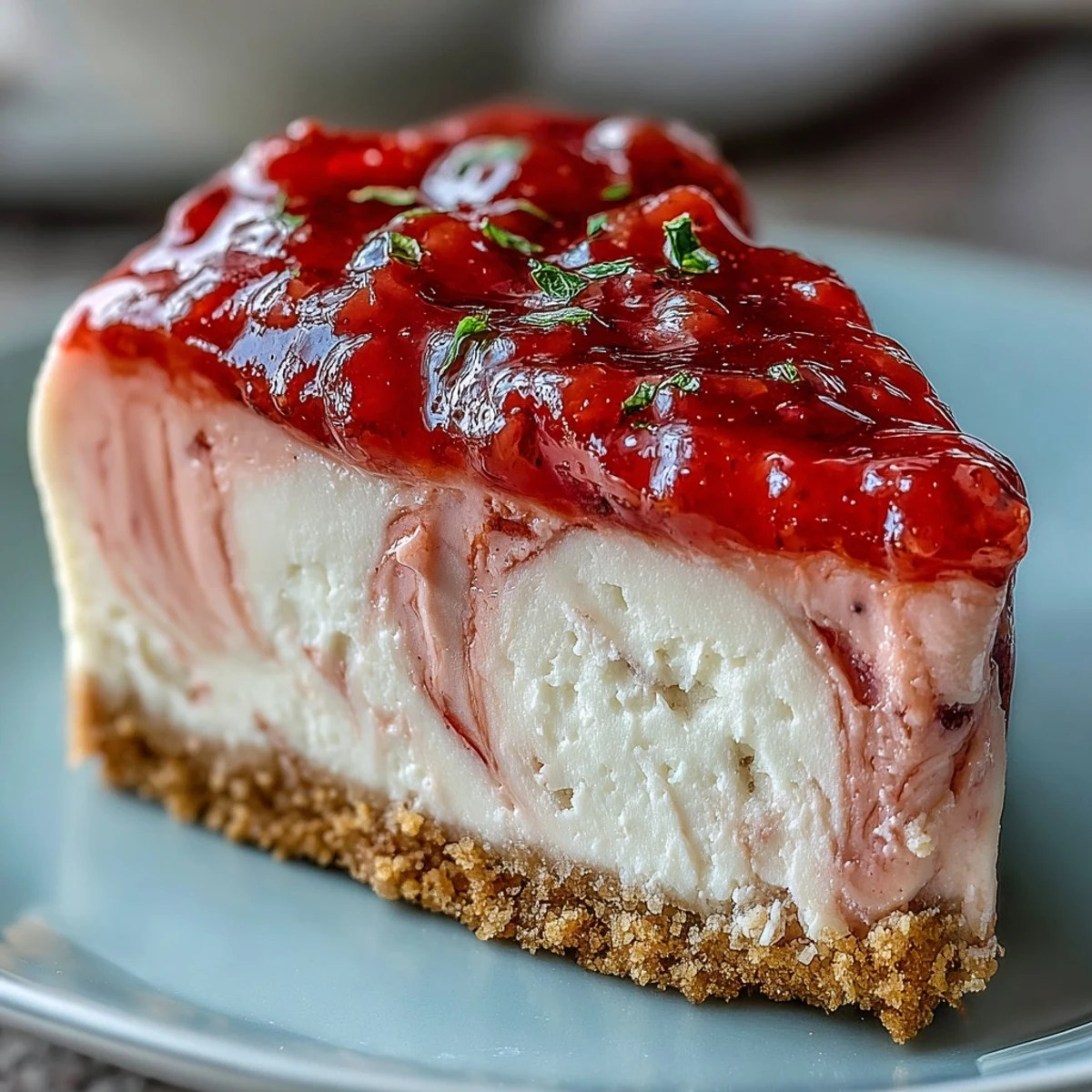 Freshly baked guava cheesecake with a vibrant pink swirl on a crisp Maria cookie crust, ready to slice and serve.