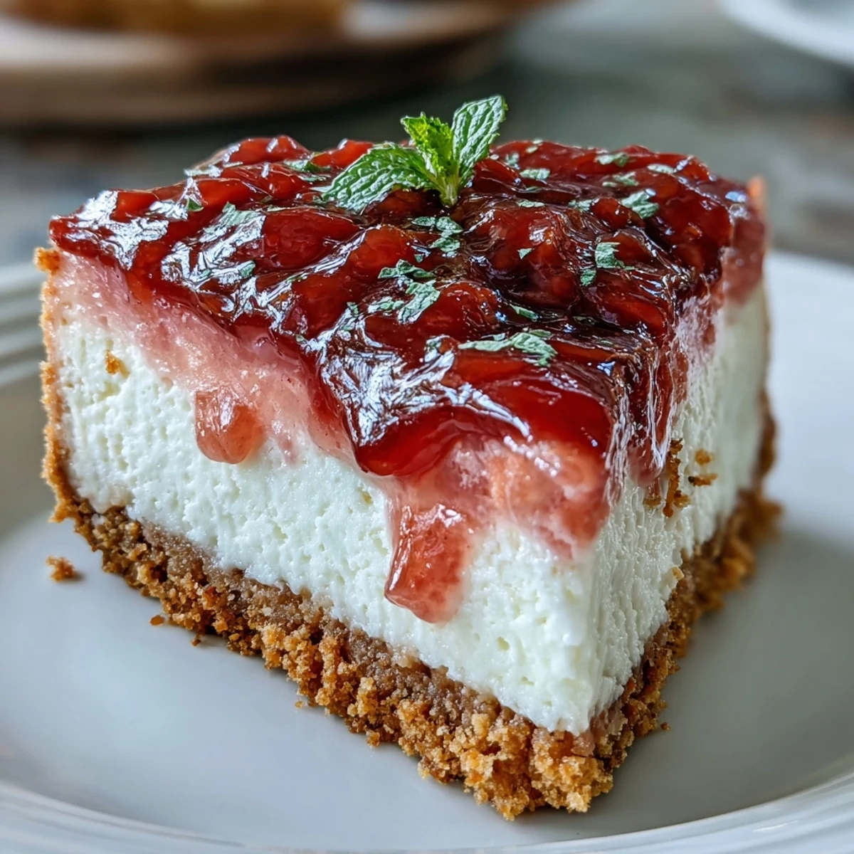 A close-up of a rich guava cheesecake slice with a marbled swirl, served on a white plate with a mint garnish.