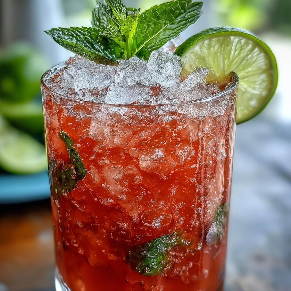 Refreshingly tropical Guava Mojito with pink guava nectar, white rum, mint, and bubbly club soda.  