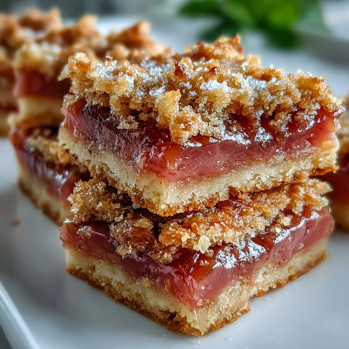 Golden-baked Guava Cake Bars with a tender crumb and vibrant pink guava filling are stacked on a white plate.