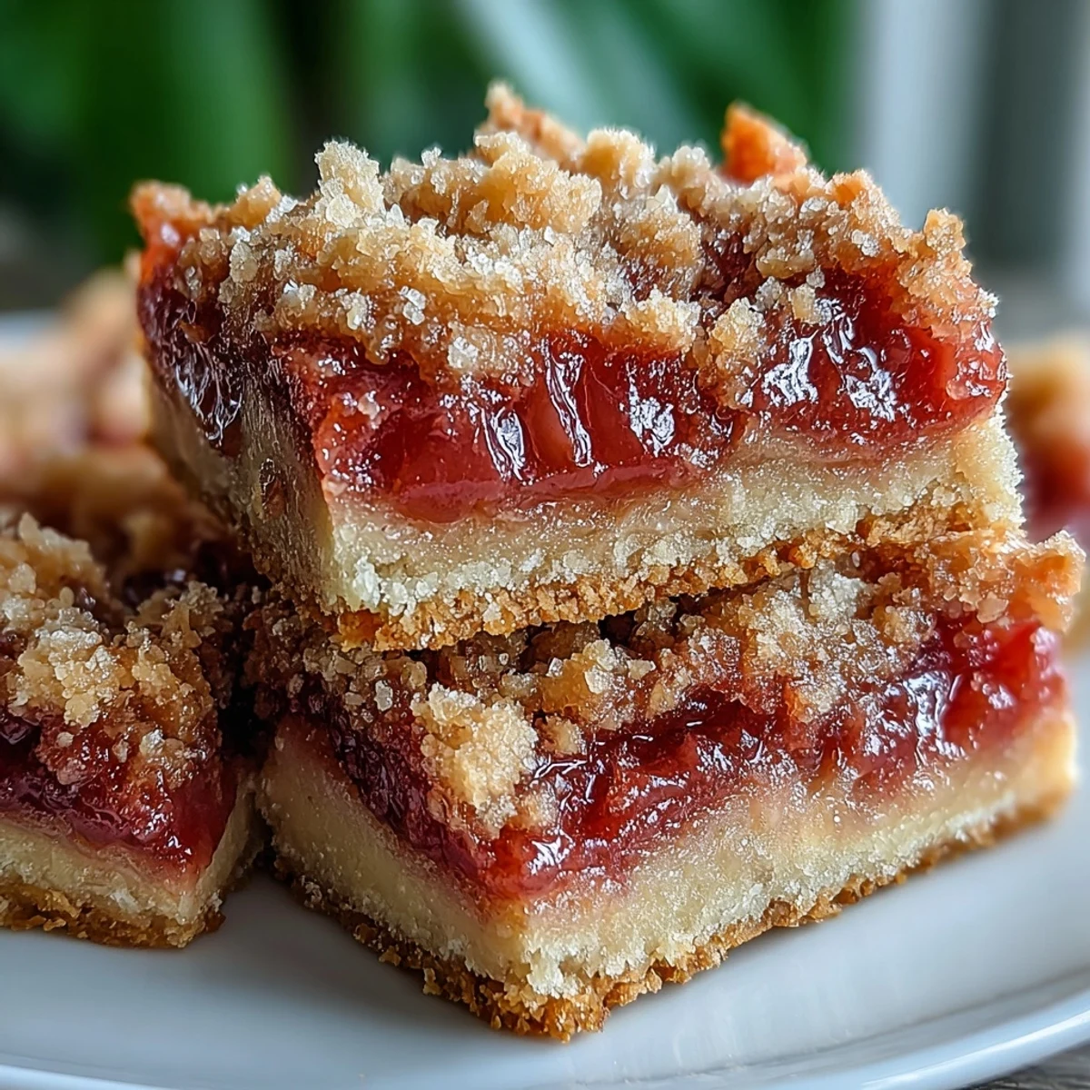 Freshly sliced Guava Cake Bars reveal layers of buttery pastry and luscious guava paste on a rustic wooden board.