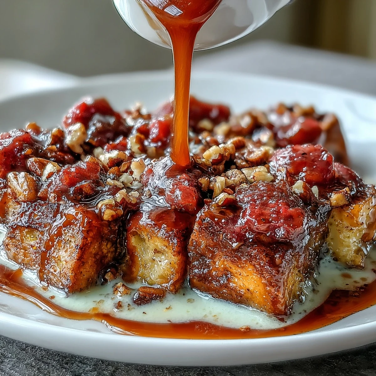 Golden slices of Guava Caramel Bread Pudding With Pecans sit on a white plate, glistening with syrup.