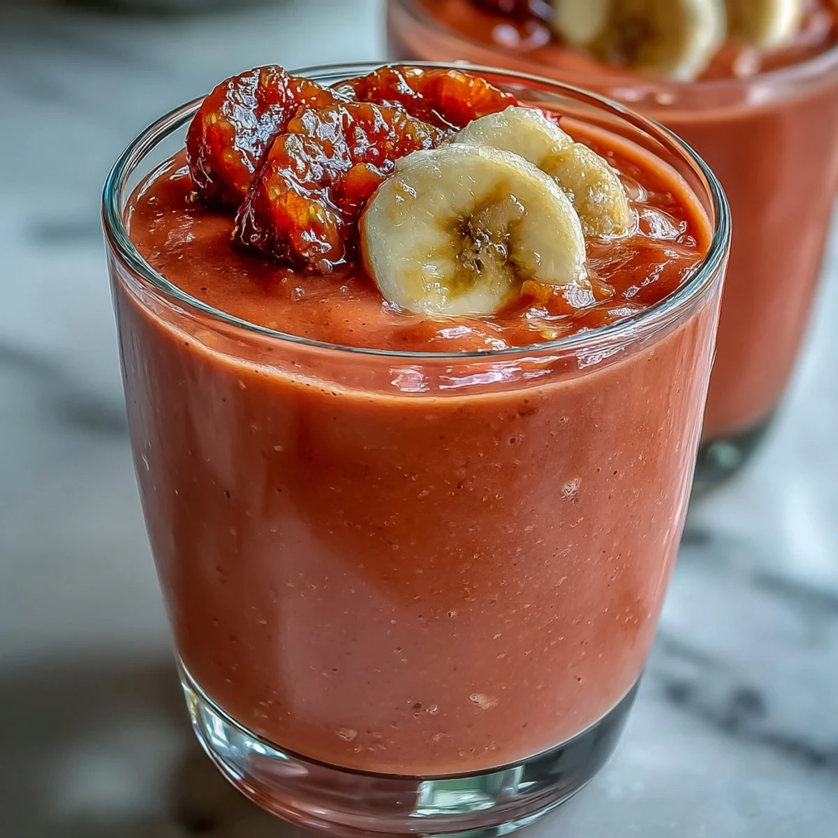 Blender pouring a frosty Guava Banana Smoothie into two glasses, showcasing its thick, pink, creamy texture.