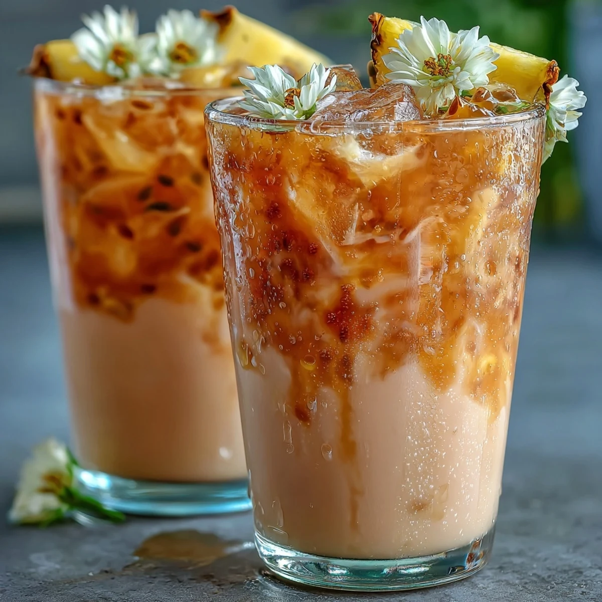 Vibrant pink Iced Guava Passionfruit Drink layered with coconut milk and tropical fruit juices in a frosty glass next to pineapple wedge garnish.
