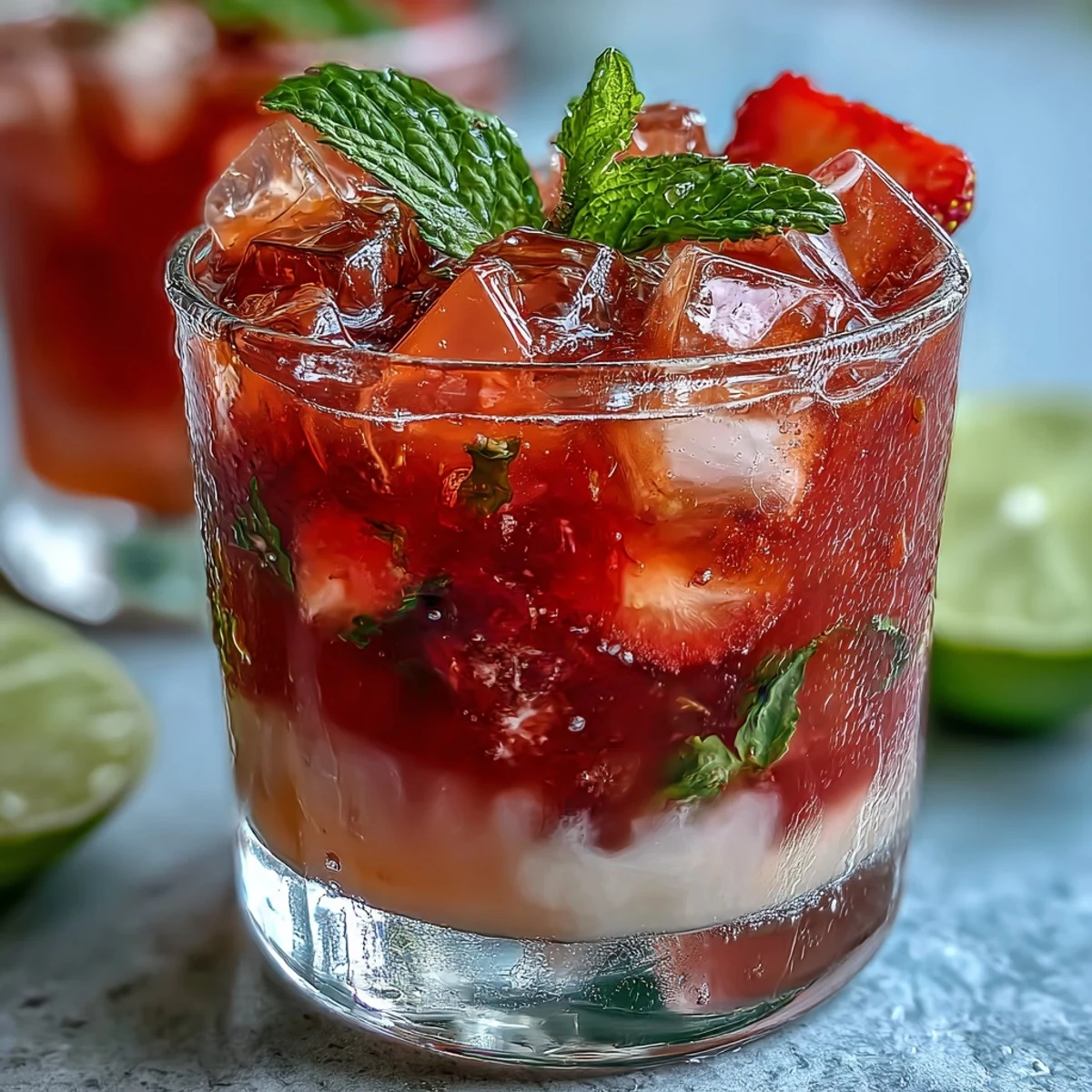 DIY Iced Guava Passionfruit Drink served ice-cold in a tall glass with fresh mint and pineapple garnish.
