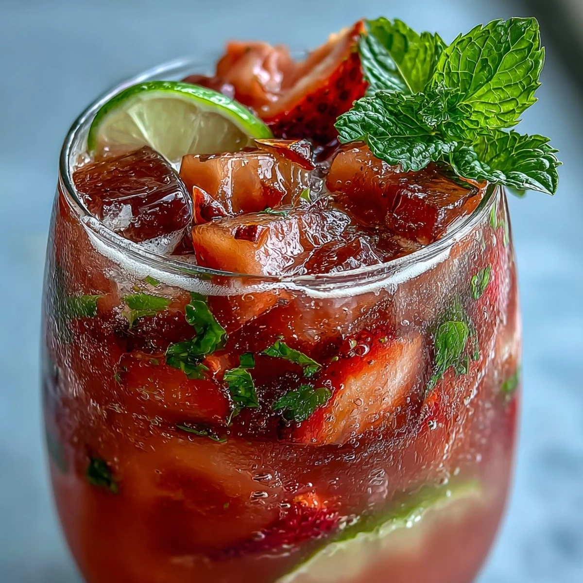 A close-up of the creamy DIY Iced Guava Passionfruit Drink, poured over ice with a vibrant pink hue and tropical aromas.
