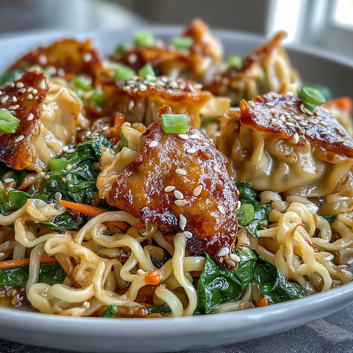 A close-up of Potsticker Noodle Bowls with colorful veggies and sesame seeds next to chopsticks.