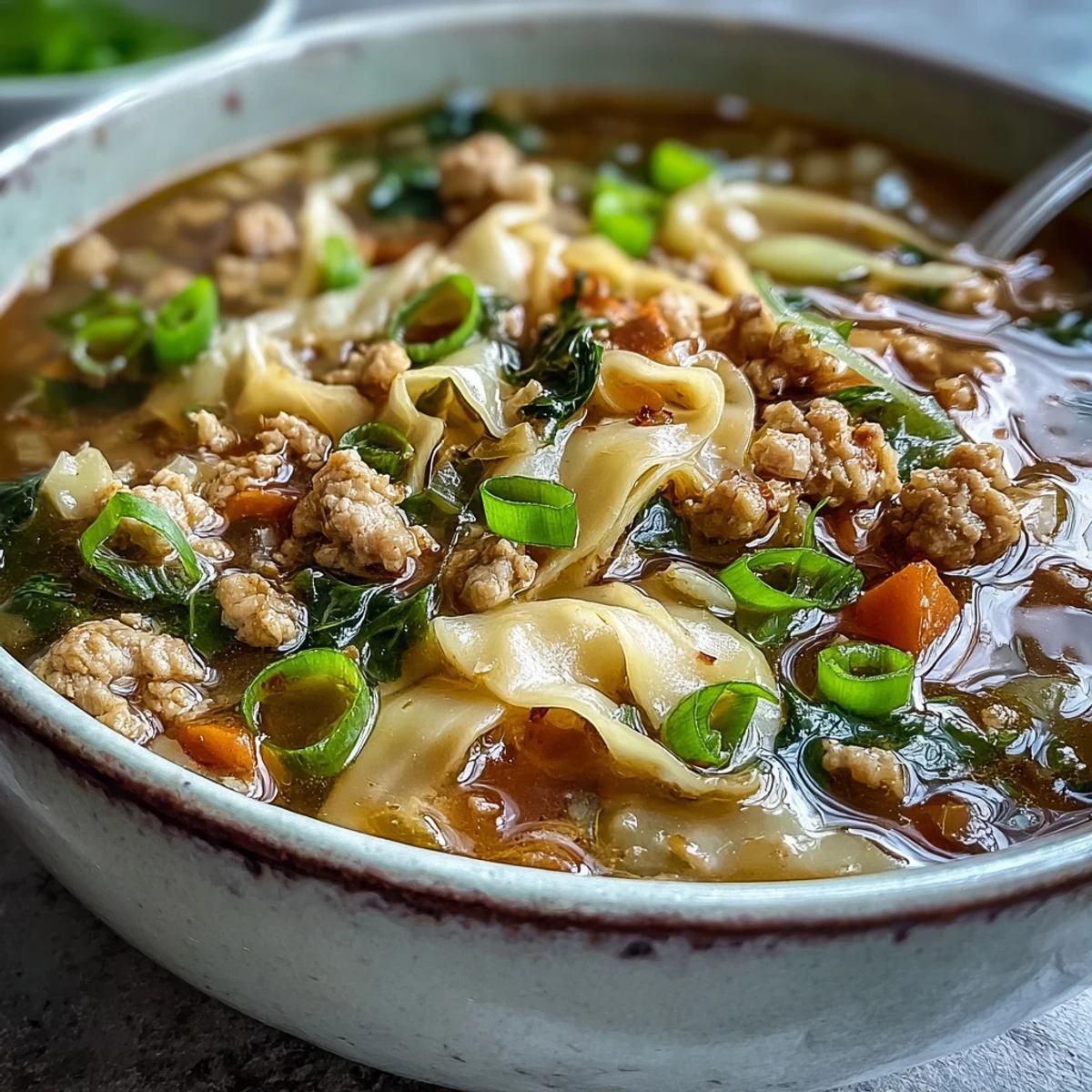 Close-up of Cozy One-Pot Egg Roll Soup with Green Onions and Ginger topped with green onions.