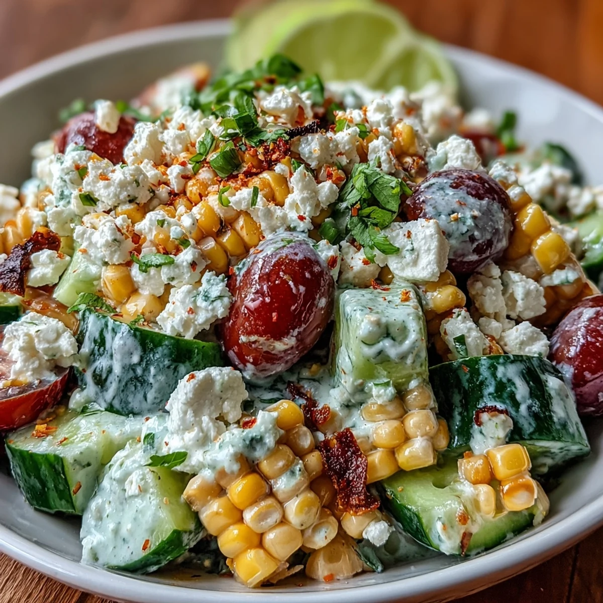 A bowl of Street Corn Creamy Cucumber Salad topped with crumbled feta and fresh cilantro.